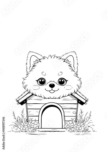 Kawaii Dog House with Puppy Face Roof – Cute Line Drawing for Coloring Book, Kids Art, or Pet-Themed Designs