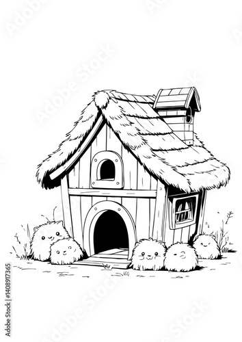 Rustic Cartoon Dog House with Thatched Roof and Decorative Windows – Black and White Line Art for Coloring Pages or Children’s Designs