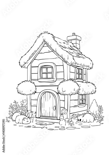 Whimsical Cottage Illustration with Thatched Roof and Garden – Fairytale Black and White Line Art for Coloring Pages