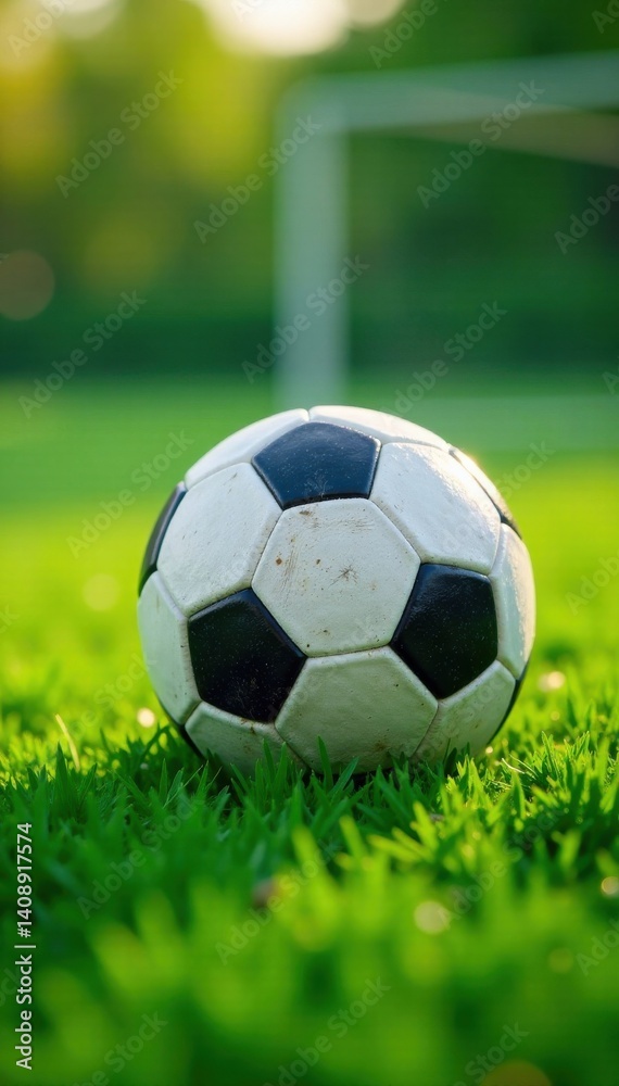 Fototapeta premium Fuzzy soccer ball on lush green field, athletic equipment, sporty scene, closeup