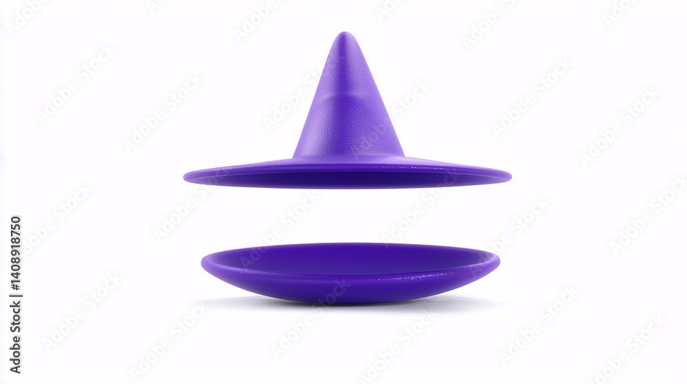 Fototapeta premium bright purple wizard hat with oversized brim and whimsical shape, floating slightly above surface, perfect for children’s media or playful designs. Fantasy wizard hat.isolate on white background 