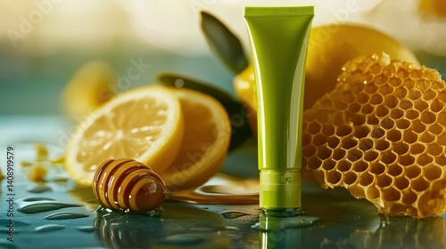 green blank cosmetic tube on lemon with honey from honeycomb
