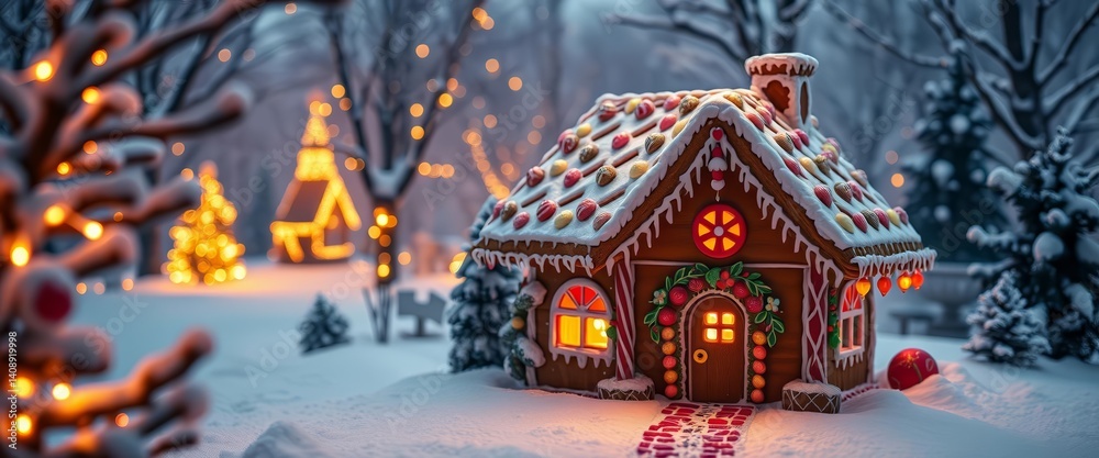 Fototapeta premium Cozy gingerbread house nestled in snowy winter scene, warm lights glowing, winter wonderland, design