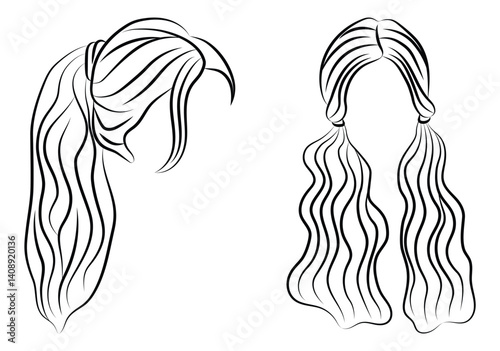 Elegant Woman's Ponytail Hairstyle in Line Art, Front View.