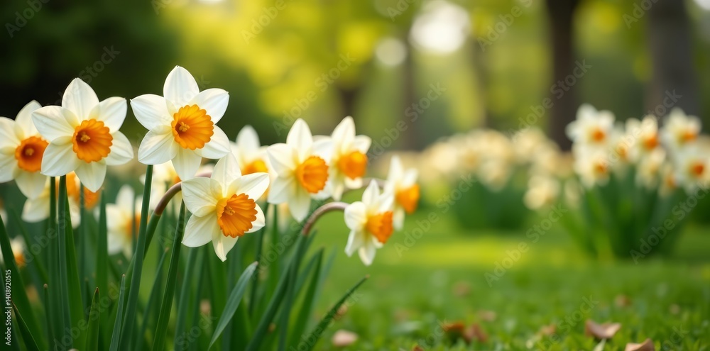 Lush garden filled with clusters of white and orange daffodils in full bloom, white, spring Lush garden filled with clusters of white and orange daffodils in full bloom, white, spring