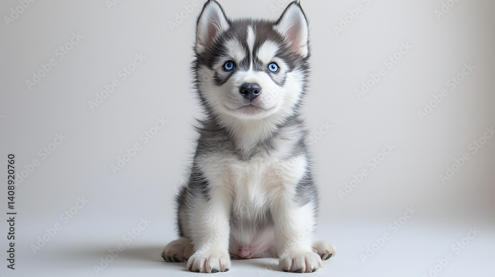Obraz premium Playful siberian husky puppy indoor studio pet photography minimalist background front view adorable companion