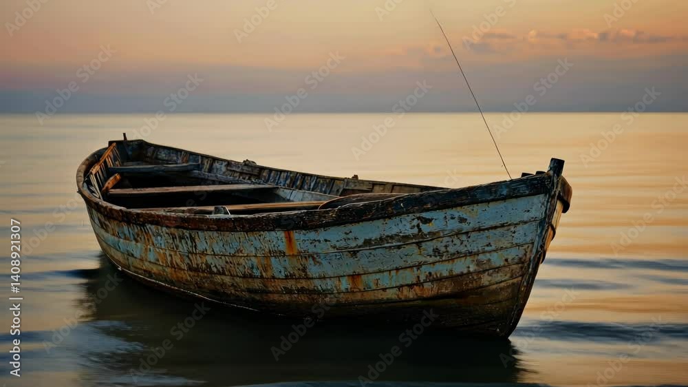 Weathered Rowboat at Sunset, Calm Water Weathered Rowboat at Sunset, Calm Water