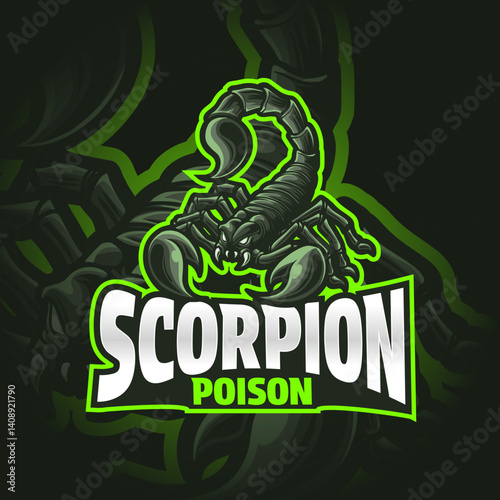 Scorpion Mascot Logo – Venomous Insect Character Design. A fierce scorpion mascot logo with glowing green outlines, aggressive pincers, and a curled venomous tail.