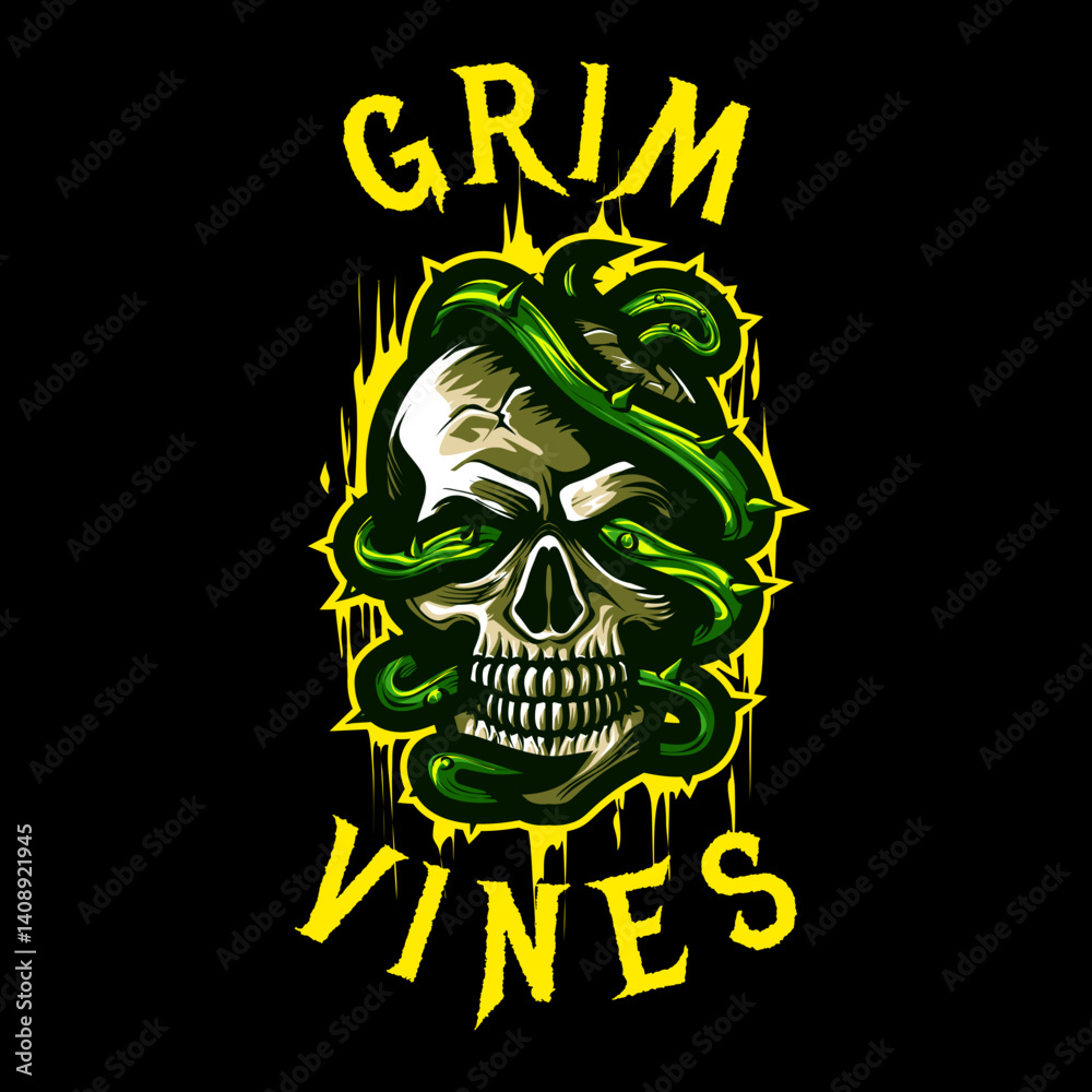 Fototapeta premium Grim Vines Skull Logo – Skeleton Head with Twisted Green Vines. A dark and edgy skull logo wrapped in twisting green vines with a glowing yellow background.