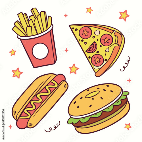 fast food restaurant menu sticker pack set vector