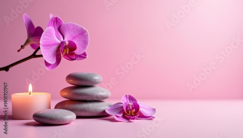 Pink orchid spa stones and candles on pastel background, relaxation, stones, concept
