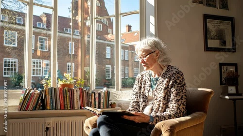 Cozy Indoor Reading Woman in Chair by Window Surrounded by Books and Sunlight, Evoking Tranquility and Reflection in Library Setting