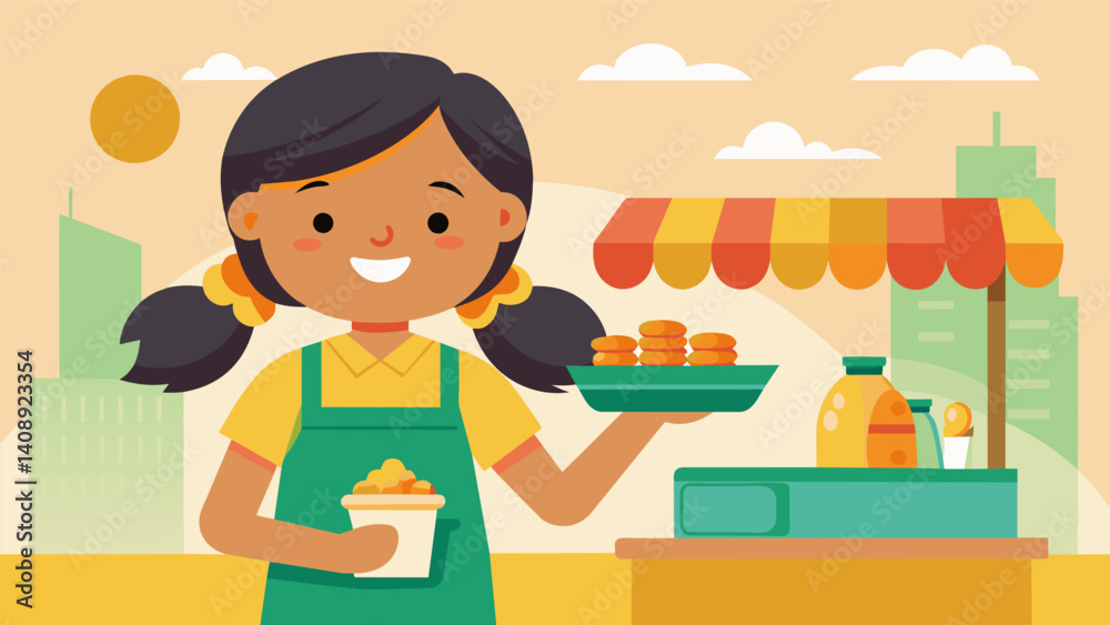 A young girl happily supporting her familys business by helping the acaraj vendor serve customers and collect payment.. Vector illustration A young girl happily supporting her familys business by helping the acaraj vendor serve customers and collect payment.. Vector illustration