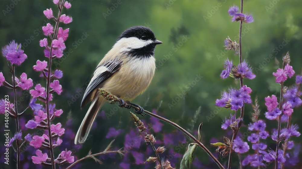 Obraz premium Black-capped chickadee perched amidst vibrant purple wildflowers.