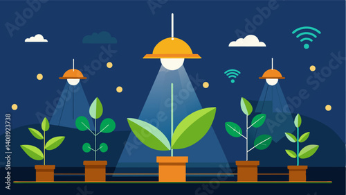 Smart LED lights that can be controlled remotely optimizing lighting conditions for crops while minimizing energy consumption.. Vector illustration