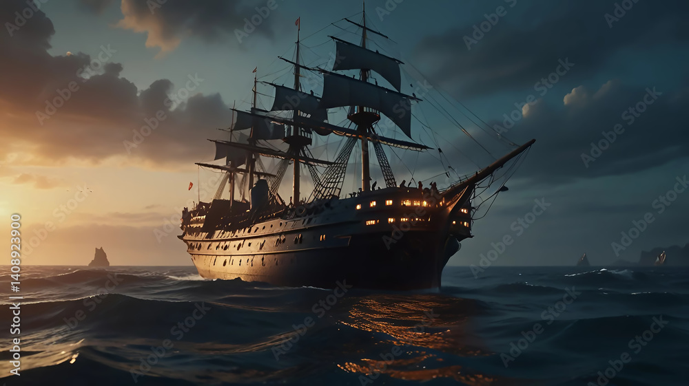 Obraz premium ship in the sea at sunset