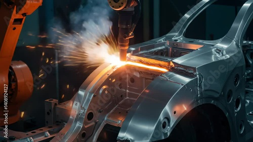 Robotic Welding Process with Sparks and Precision in an Automotive Manufacturing Facility