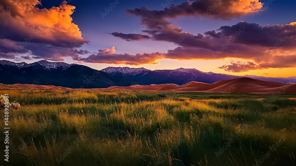 Vibrant sunset over rolling sand dunes and mountains with dramatic clouds and lush grassland Vibrant sunset over rolling sand dunes and mountains with dramatic clouds and lush grassland
