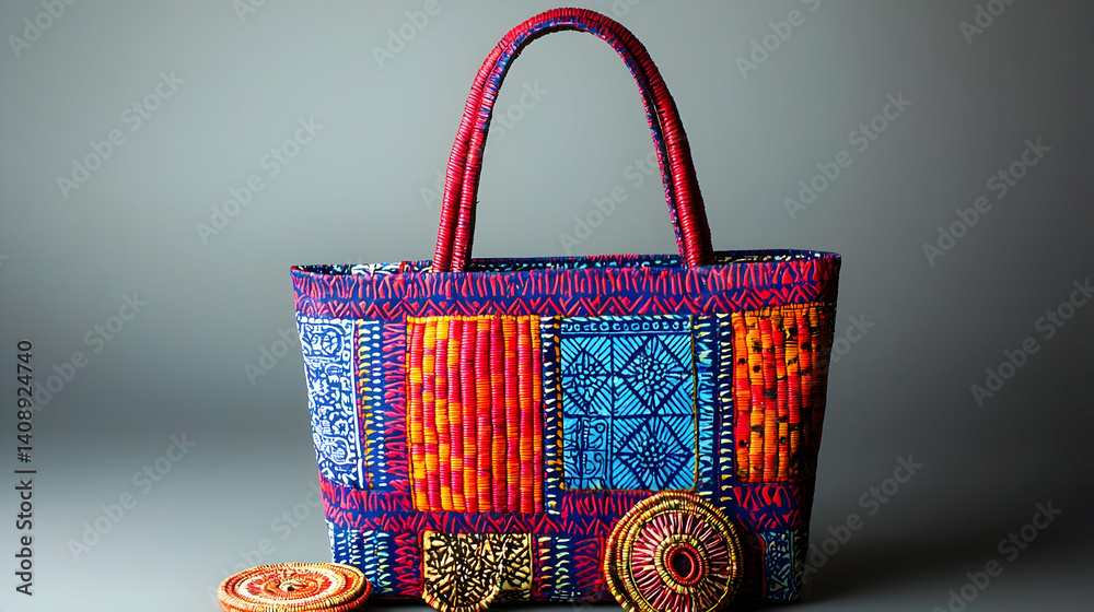 Vibrant, colorful tote bag with intricate patchwork design