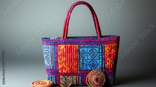 Obraz na płótnie Vibrant, colorful tote bag with intricate patchwork design w salonie