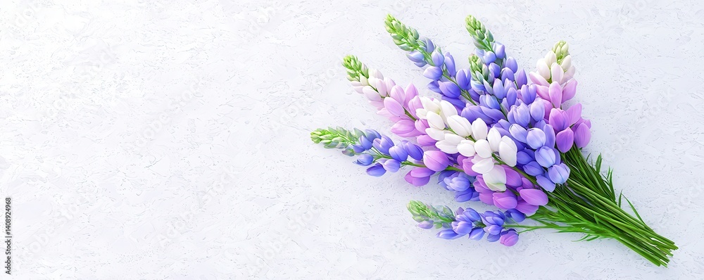 Fototapeta premium A beautiful bouquet of lavender and purple flowers arranged elegantly against a light background, showcasing their delicate colors and textures.