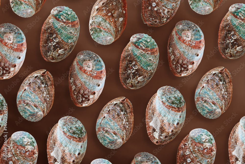 Pearlescent seashells as minimal pattern. Stylish layout of abalone shell, creative sea and oceanic shapes and natural textures. Summer relahation concept, beach vibes. Top view nature background