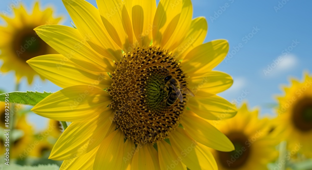 Bee pollinating bright yellow sunflower in field under blue sky Bee pollinating bright yellow sunflower in field under blue sky