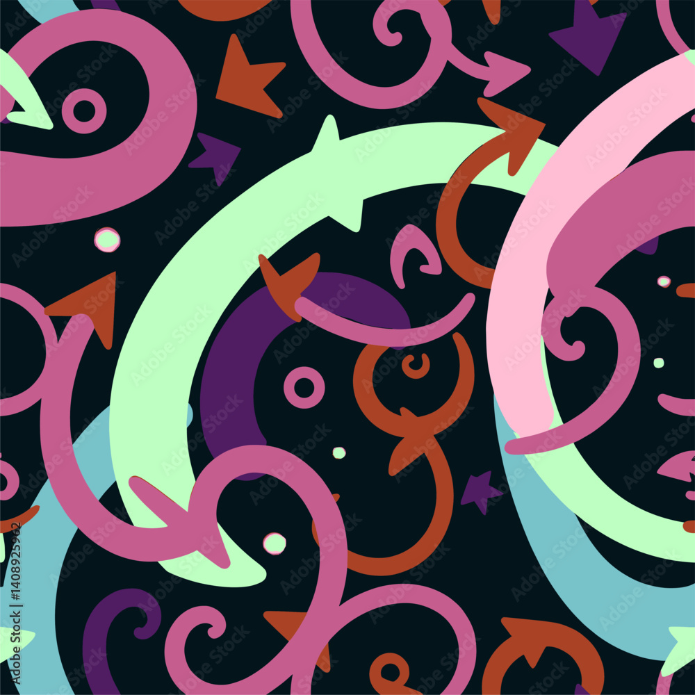 Fototapeta premium Abstract Swirling Arrows and Stars Seamless Pattern
