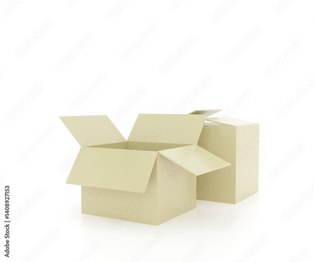 beige cardboard boxes on a clean white background, one open with flaps and one closed. Perfect for packaging, delivery, branding mockups, storage, and e-commerce use. 3d render. beige cardboard boxes on a clean white background, one open with flaps and one closed. Perfect for packaging, delivery, branding mockups, storage, and e-commerce use. 3d render.