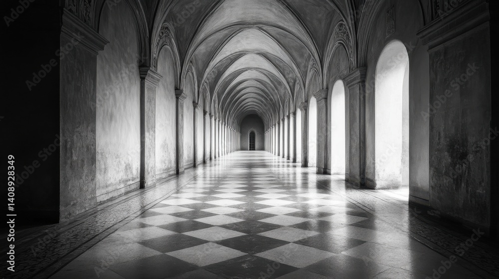Obraz premium A long, empty corridor, lit in a single, continuous shade, its length stretching out into the unknown 