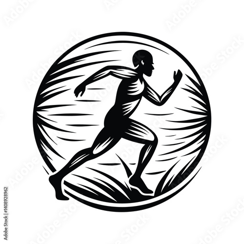 Silhouette of Male Runner, Muscular Build, Sportswear, Intense Speed, Black and White