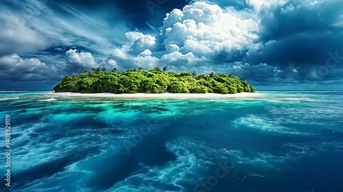 Vibrant tropical island surrounded by azure waters under dramatic cloudy sky, serene nature scene