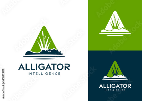 Intelligent crocodile or alligator in swamp logo design for security, spy and technology