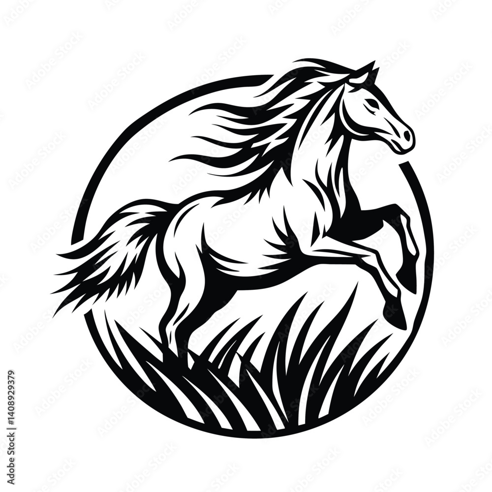 Fototapeta premium Stallion Rearing Inside a Circle, Monochrome Horse Design, Minimalist, Black and White