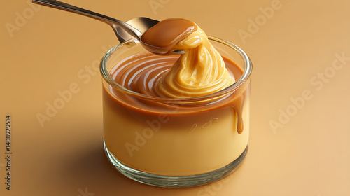 Custard pudding in a glass cup with a spoon scooping caramel