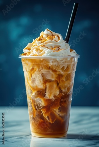 Creamy iced coffee beverage topped with whipped cream and dusted with spices in a clear cup against a dark blue background