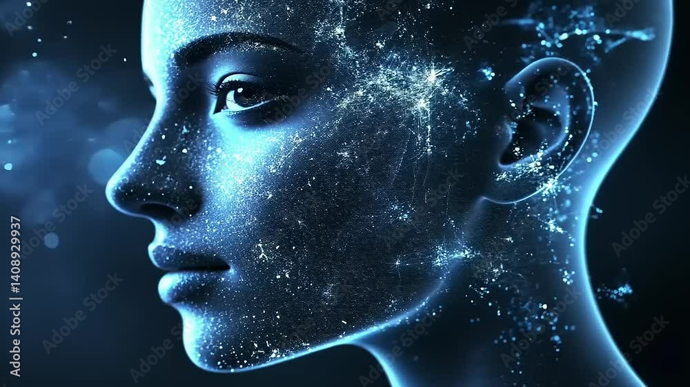 Futuristic profile of a digital human face illuminated with cosmic patterns against a dark backdrop