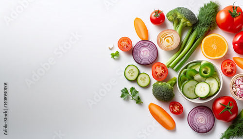 Wallpaper Mural Colorful Culinary Canvas: An assortment of vibrant, fresh vegetables and fruits artfully arranged, creating a visually appealing composition that celebrates the bounty of nature's harvest. Torontodigital.ca
