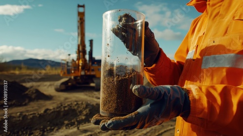 A geotechnical engineer analyzing soil samples at a drill site. Featuring scientific analysis and engineering