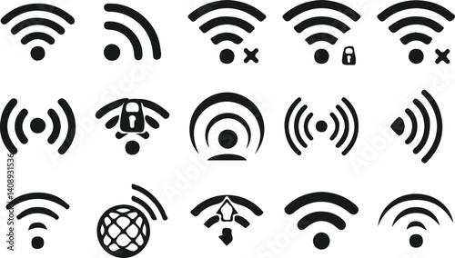Wi-Fi Status Icons Set – Connected, Disconnected, Secure, and Network Signal Vector Symbols for UI and Internet