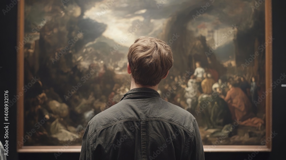 A person contemplates a dramatic painting in an art gallery, reflecting on the emotions and stories depicted in the artwork. A person contemplates a dramatic painting in an art gallery, reflecting on the emotions and stories depicted in the artwork.