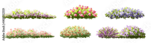 Vertor set of spring blossom tree,blooming plants side view for landscape elevation and section,eco environment concept design,watercolor meadows illustration,colorful season