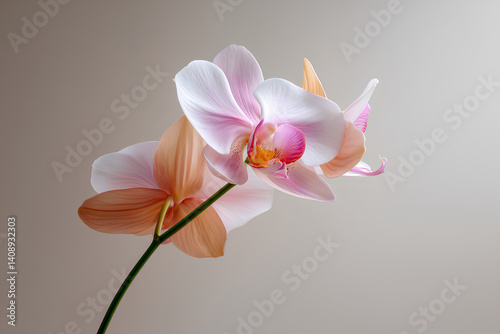 Single orchid flower with white and blush gradient petals centered in minimalist vertical studio frame on off white background with soft diffused lighting
 photo