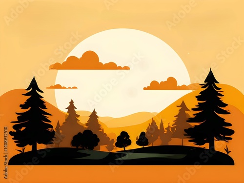 Vector art style landscape. Sunset in mountains
