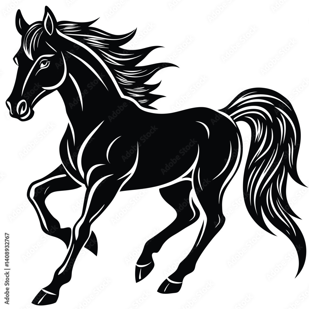 Obraz premium Running Horse Silhouette Powerful Stallion in Motion, Black and White Equine