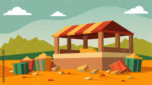 The crumbling and unoccupied booths signify the gradual disappearance of traditional farming ods and the loss of local food culture.. Vector illustration