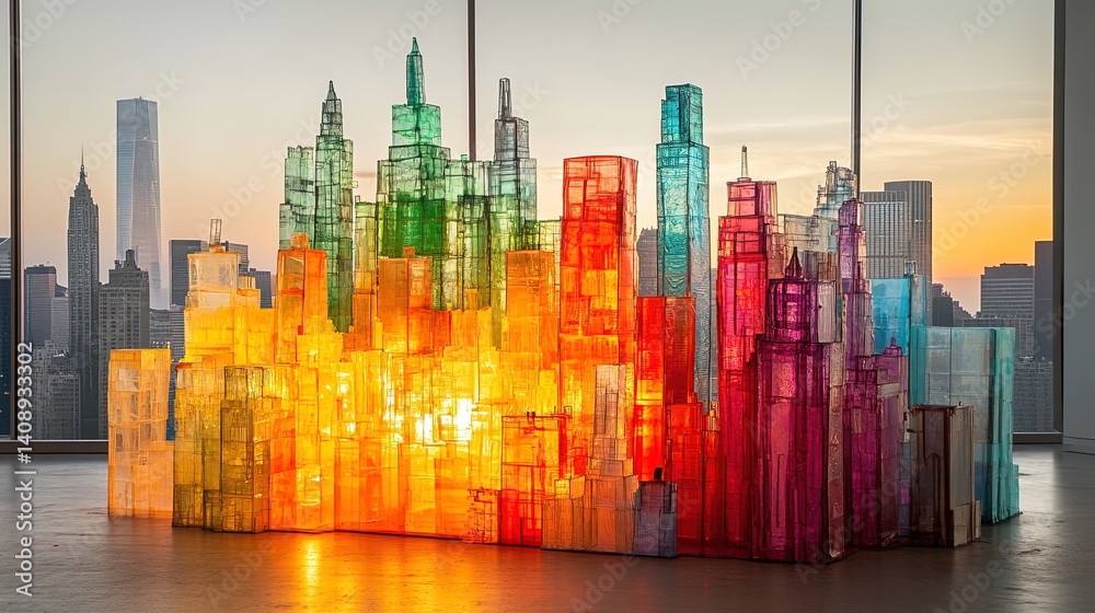 Obraz premium A surreal cityscape made entirely from upcycled materials glowing under the sunrise