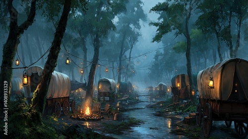 Misty forest encampment of covered wagons.