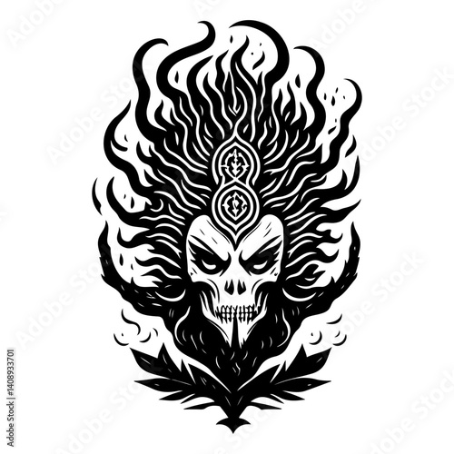 Stylized Skull with Flames and Tribal Ornament