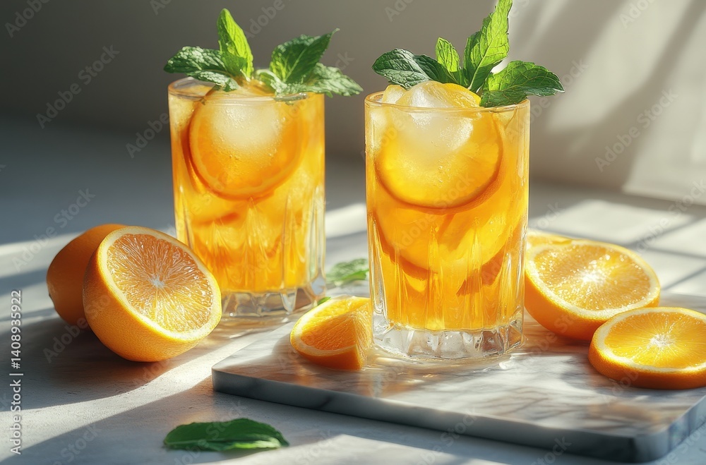 Refreshing Citrus Iced Tea with Fresh Mint and Orange Slices in Sunlit Setting for Summer Vibes and Relaxation Refreshing Citrus Iced Tea with Fresh Mint and Orange Slices in Sunlit Setting for Summer Vibes and Relaxation